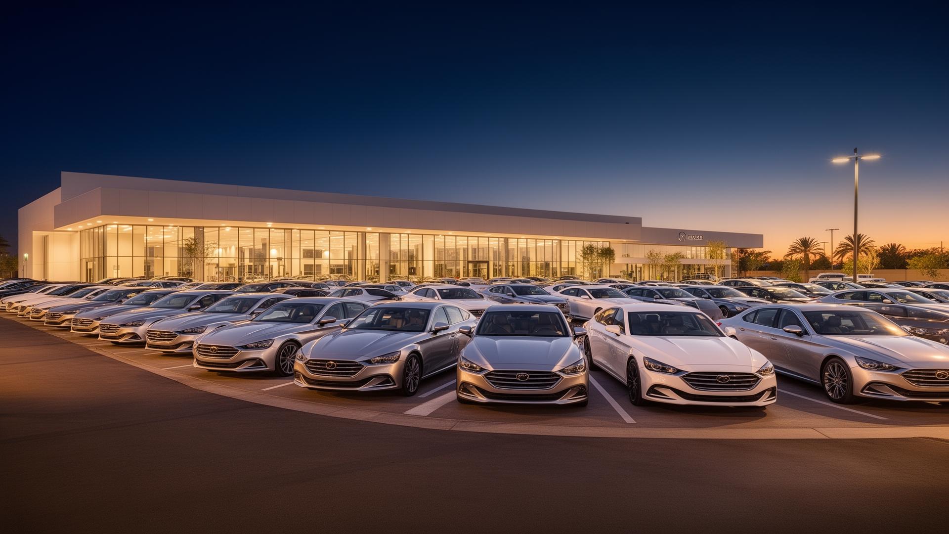 Samah Auto Sales dealership lot in Phoenix at dusk